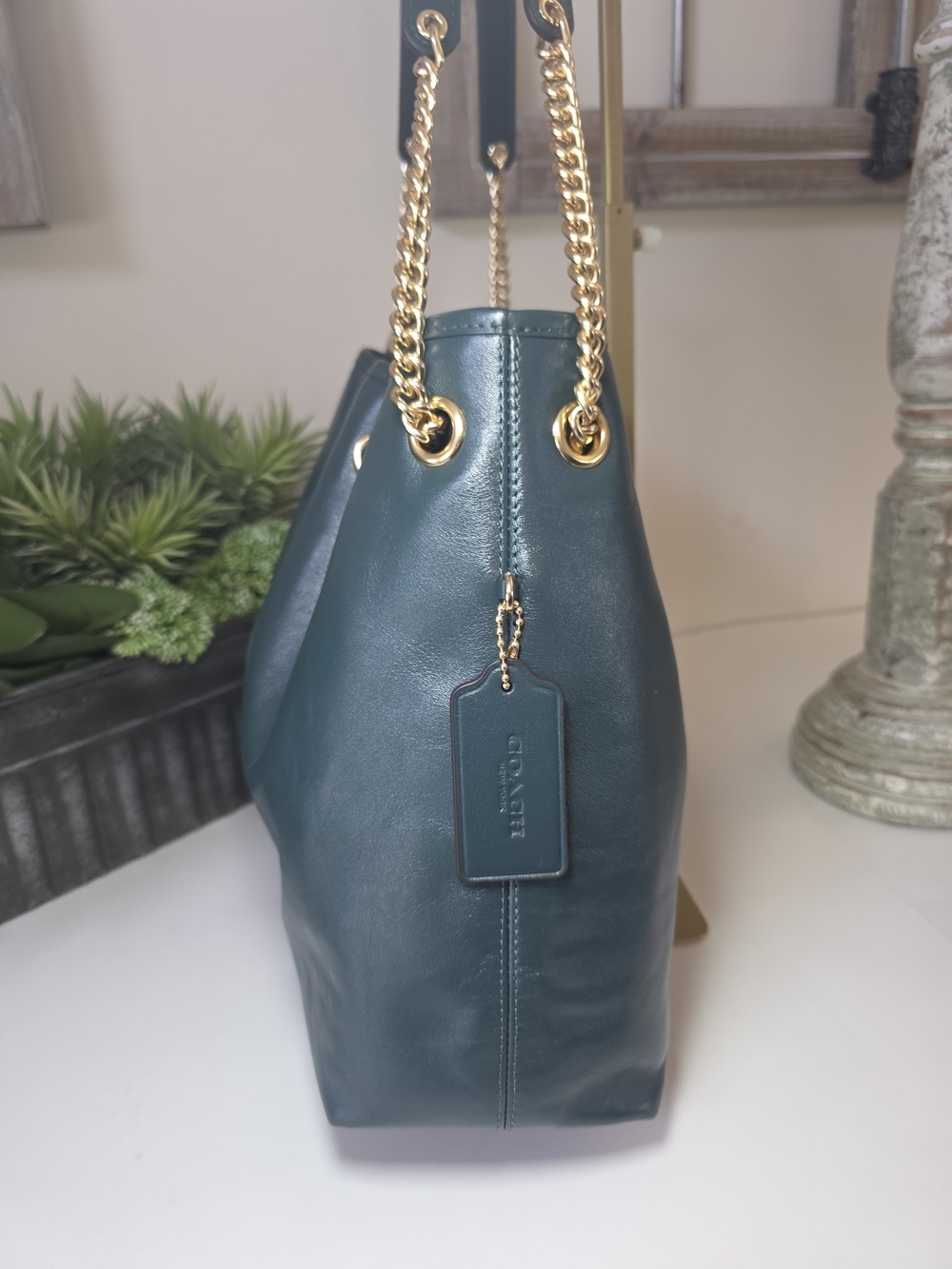 Coach Evelyn Shoulder Bag Dark Teal Smooth Leather Gold Chain- NWT - Picture 5 of 13
